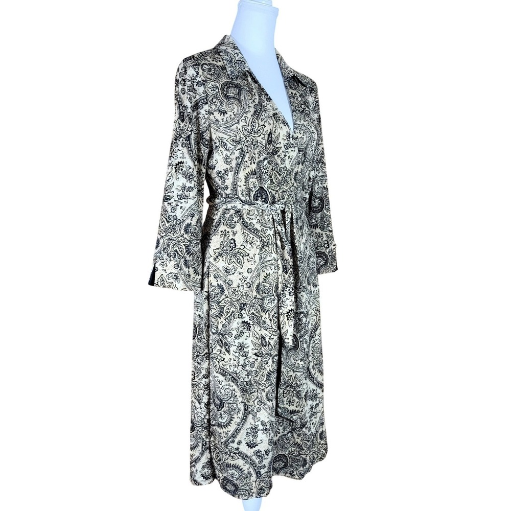 Wrap Dress Ladies Large 12/14 Paisley Collared Tie Waist Warm Almond Black Gold